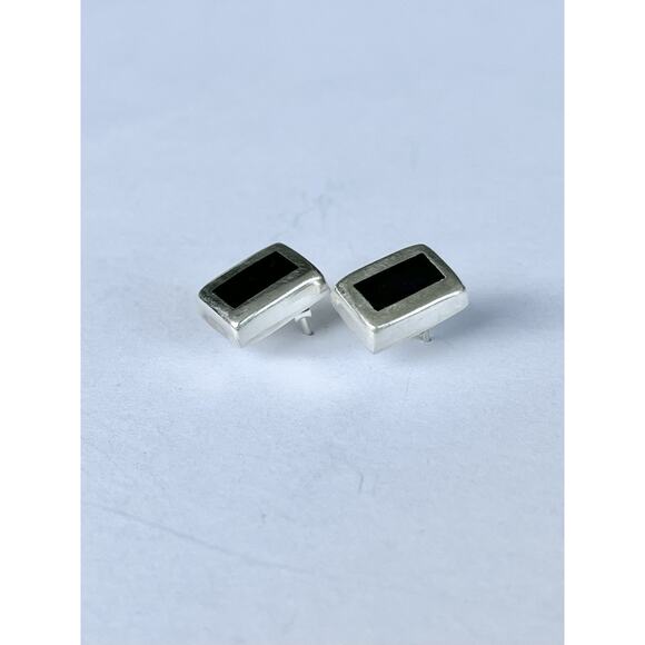 1960s Taxco TA-142 925 Silver & Black Onyx Baguette Rectangle Post Stud Earrings - Picture 4 of 8
